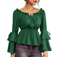 thumbnail image 1 of Lenpel Women's off the Shoulder Tops Bell Long Sleeve Tie Front Ruffle Trim Vintage Peplum Tops Going out Babydoll Blouses(Green,Small), 1 of 7
