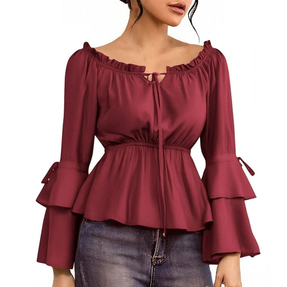 Lenpel Women's off the Shoulder Tops Bell Long Sleeve Tie Front Ruffle Trim Vintage Peplum Tops Going out Babydoll Blouses(Wine,X-Large)