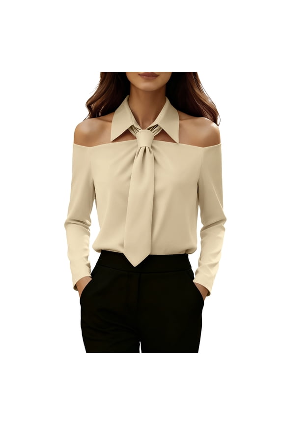 Women's off the Shoulder Tops Long Sleeve Collared Tie Knot Dressy Casual Work Shirts Trendy Office Blouses(Khaki,Large)