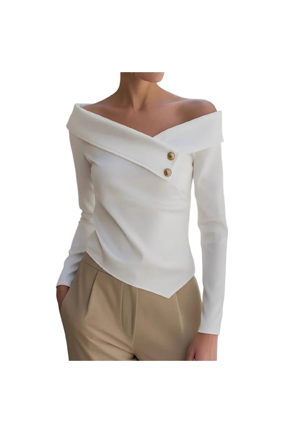 Women's off the Shoulder Tops Long Sleeve Cross V Neck Asymmetrical Hem Slim Dressy Casual Blouses Going out Shirts(White,Medium)