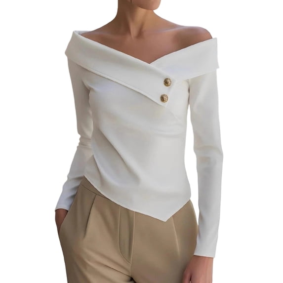Lenpel Women's off the Shoulder Tops Long Sleeve Cross V Neck Asymmetrical Hem Slim Dressy Casual Blouses Going out Shirts(White,X-Large)