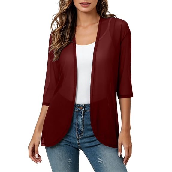 Lenpel Womens 3/4 Sleeve Cardigans Casual Sheer Open Front Lightweight Cover up Solid Color Vacation Outfits