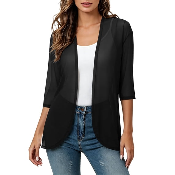 Lenpel Womens 3/4 Sleeve Cardigans Casual Sheer Open Front Lightweight Cover up Solid Color Vacation Outfits