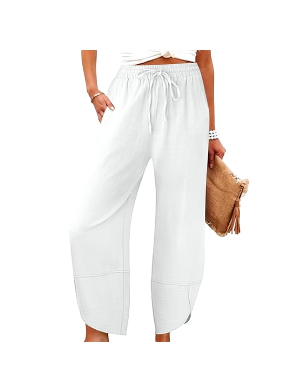 Womens Baggy Pants Summer Drawstring Elastic Waist Wide Leg Palazzo Trousers Fashion Casual Harem Pants