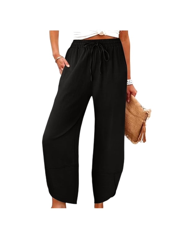Womens Baggy Pants Summer Drawstring Elastic Waist Wide Leg Palazzo Trousers Fashion Casual Harem Pants