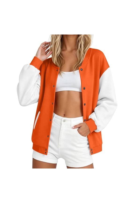 Womens Baseball Jackets Color Block Long Sleeve Button down Coats with Pockets Loose Fit Fashion Fall Clothes(Orange,Small)