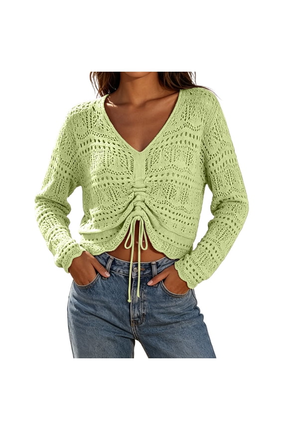 Womens Boho Crop Tops Fashion Drawstring Long Sleeve V Neck Crochet Cover up Trendy Ruched Pullover Blouses