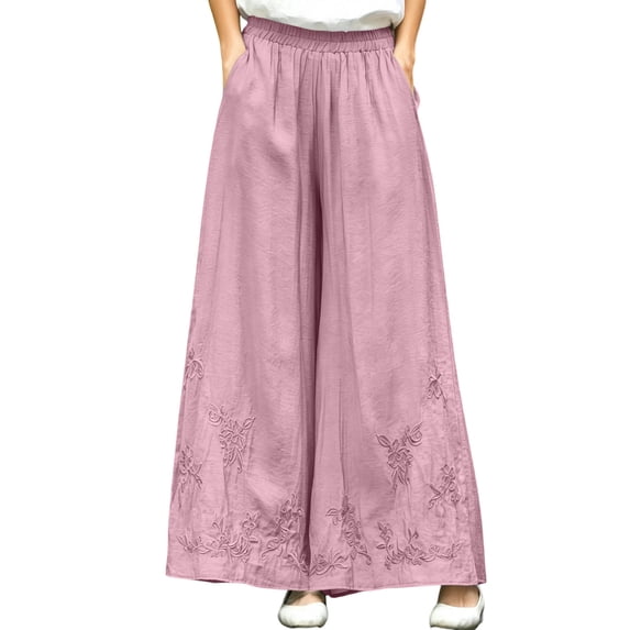Lenpel Womens Boho Culottes Pleated Elastic Waist Lounge Palazzo Pants Trendy Floral Embroidered Beach Vacation Trousers