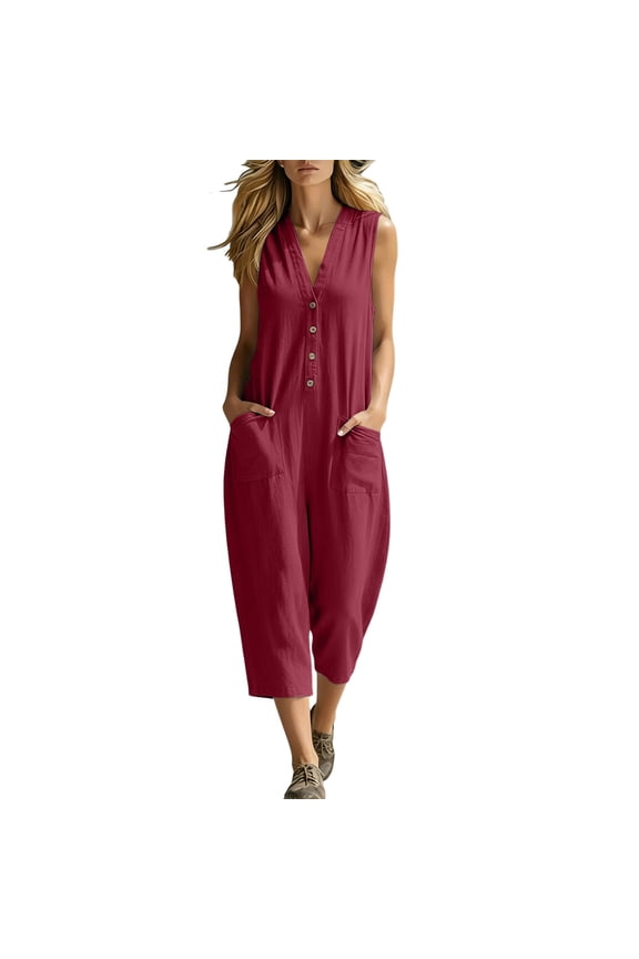 Womens Button Capri Jumpsuits Lounge Sleeveless V Neck Cropped Rompers Pants with Pockets Summer Beach Vacation Clothes
