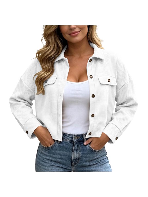 Womens Casual Cropped Jackets Fall Textured Collared Long Sleeve Button down Jackets Solid Color Comfy Outerwear(White,Small)
