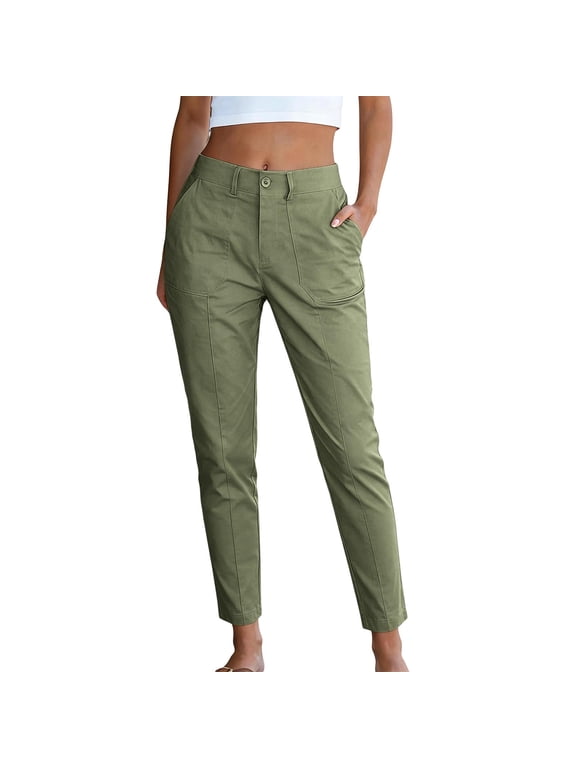 Womens Casual Cropped Pants Fall Tapered High Waisted Comfy Ankle Trousers Plain Straight Leg Work Pants with Pockets(Army Green,XX-Large)