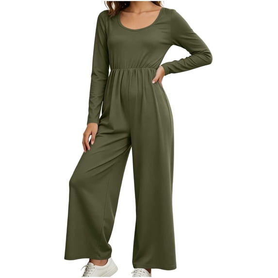Lenpel Womens Casual Jumpsuits Square Neck Long Sleeve Back Zipper Rompers Solid Color Wide Leg Fashion Fall Clothes(Army Green,Small)