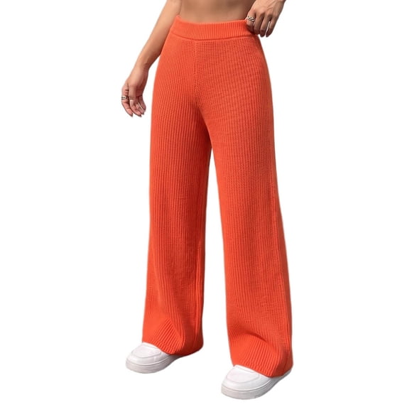 Lenpel Womens Casual Sweater Pants Fall Elastic High Waisted Knitted Trousers Plain Straight Leg Warm Pants with Pockets(Orange,X-Large)