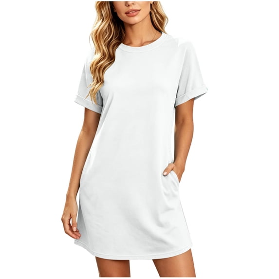 Lenpel Womens Casual T-Shirt Dresses Crew Neck Short Sleeve Mini Dresses with Pockets Comfy Soft Lounge House Dresses