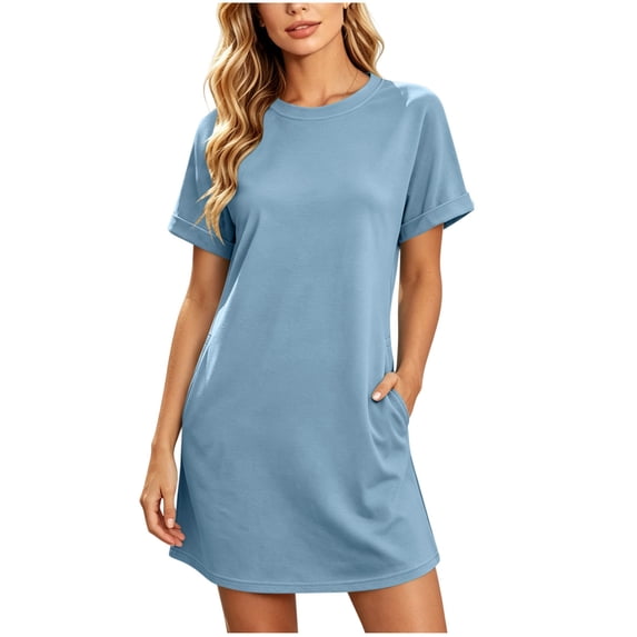 Lenpel Womens Casual T-Shirt Dresses Crew Neck Short Sleeve Mini Dresses with Pockets Comfy Soft Lounge House Dresses