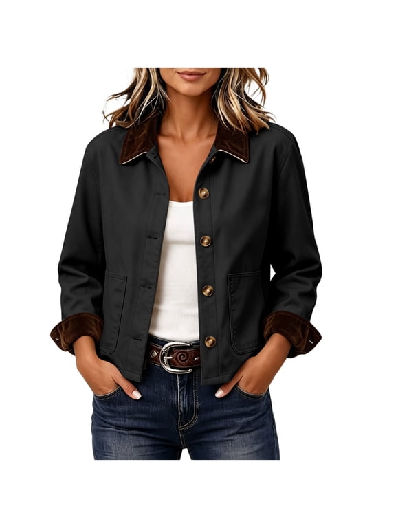 Womens Corduroy Collar Shacket Fall Long Sleeve Button down Jackets with Pockets Casual Patchwork Color Block Outerwear(Black,Large)