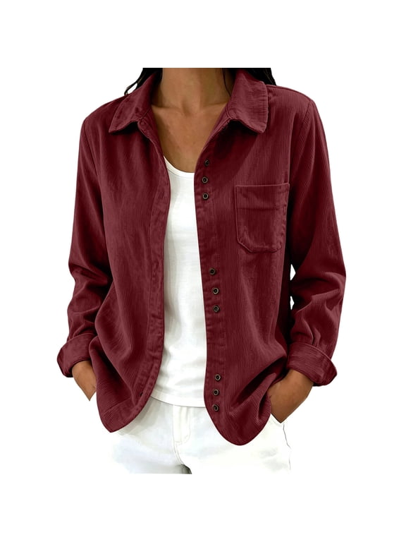 Womens Corduroy Sweatshirts Long Sleeve Collared Warm Button down Shirt Jackets Solid Color Dressy Casual Coats Fashion Fall Clothes(Wine,Small)