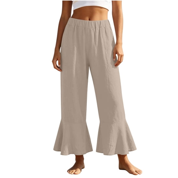 Lenpel Womens Cotton Linen Cropped Pants Summer Casual Ruffle Elastic Waist Ankle Trousers Loose Cute Pants with Pockets for Beach