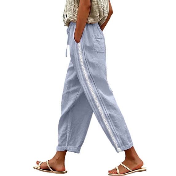 Lenpel Womens Cotton Linen Pants Lounge Drawstring Elastic Waist Tapered Trousers with Pockets Lightweight Block Color Clothes