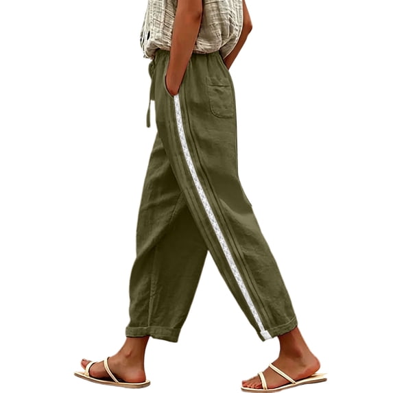 Lenpel Womens Cotton Linen Pants Lounge Drawstring Elastic Waist Tapered Trousers with Pockets Lightweight Block Color Clothes