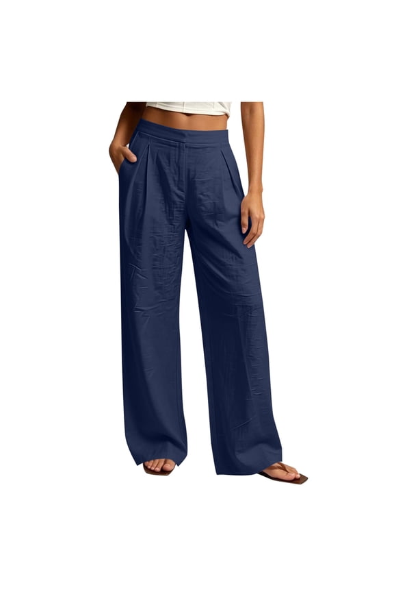 Womens Cotton Linen Pants Lounge Pleated Pull on Low Rise Baggy Trousers Loose Comfy Wide Leg Clothes for Beach Vacation