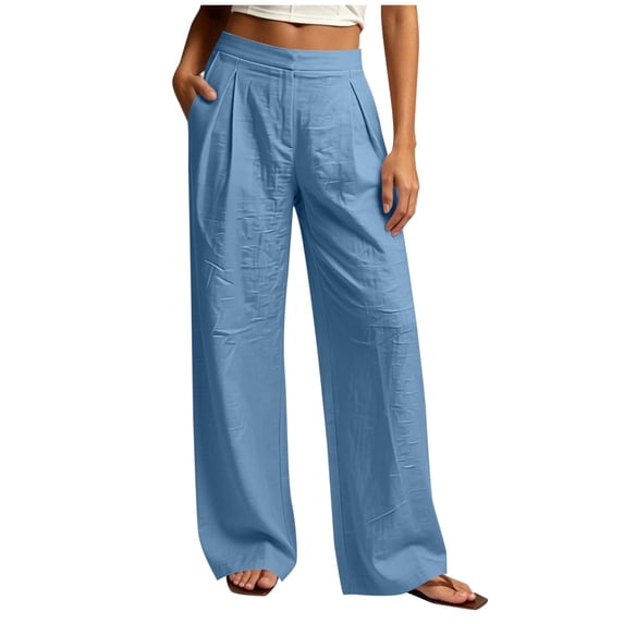 Lenpel Womens Cotton Linen Pants Lounge Pleated Pull on Low Rise Baggy Trousers Loose Comfy Wide Leg Clothes for Beach Vacation