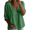 thumbnail image 1 of Lenpel Womens Cotton Linen Tops V Neck 3/4 Sleeve Solid Color Shirts Casual Loose Fit Fashion Lace Patchwork Blouses, 1 of 7