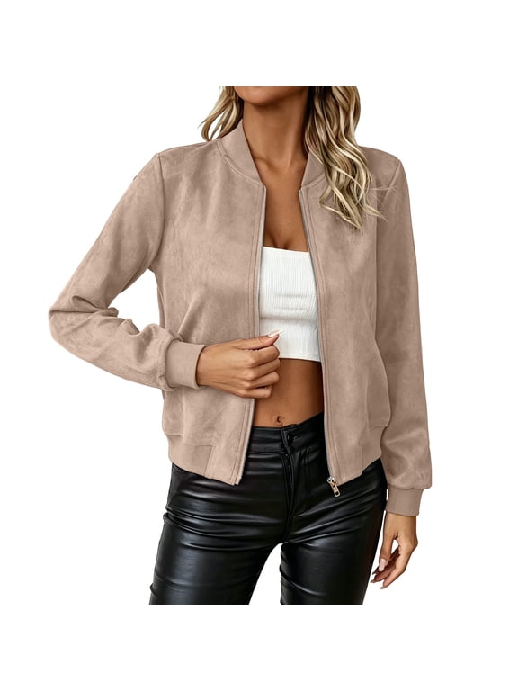 Womens Cropped Jackets Fall Vintage Zip up Long Sleeve Stand Collar Suede Coats Business Casual Work Outerwear(Khaki,Small)