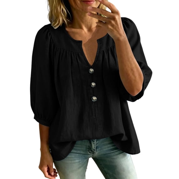 Lenpel Womens Dressy Casual Blouses V Neck Balloon 3/4 Length Sleeve Tops Fashion Button Front Loose Fit Shirts