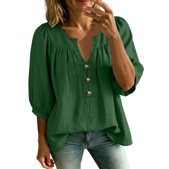 Lenpel Womens Dressy Casual Blouses V Neck Balloon 3/4 Length Sleeve Tops Fashion Button Front Loose Fit Shirts