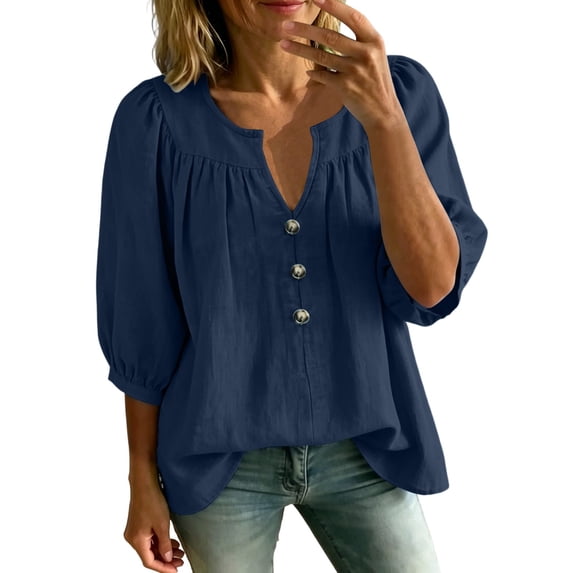 Lenpel Womens Dressy Casual Blouses V Neck Balloon 3/4 Length Sleeve Tops Fashion Button Front Loose Fit Shirts