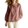 thumbnail image 1 of Lenpel Womens Fall Tops Casual Crew Neck Balloon Long Sleeve Blouses Oversized Fashion Ruffle Trim Tie Front Shirts, 1 of 4