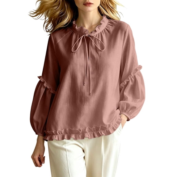 Lenpel Womens Fall Tops Casual Crew Neck Balloon Long Sleeve Blouses Oversized Fashion Ruffle Trim Tie Front Shirts