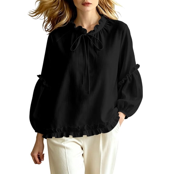 Lenpel Womens Fall Tops Casual Crew Neck Balloon Long Sleeve Blouses Oversized Fashion Ruffle Trim Tie Front Shirts