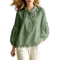 thumbnail image 1 of Lenpel Womens Fall Tops Casual Crew Neck Balloon Long Sleeve Blouses Oversized Fashion Ruffle Trim Tie Front Shirts, 1 of 4