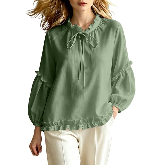 Lenpel Womens Fall Tops Casual Crew Neck Balloon Long Sleeve Blouses Oversized Fashion Ruffle Trim Tie Front Shirts