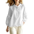 thumbnail image 1 of Lenpel Womens Fall Tops Casual Crew Neck Balloon Long Sleeve Blouses Oversized Fashion Ruffle Trim Tie Front Shirts, 1 of 4