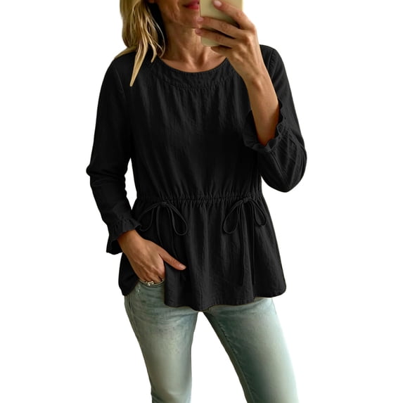 Lenpel Womens Fall Tops Casual Loose Long Sleeve Ruffle Cuffs Shirts Fashion Drawstring Crew Neck Peplum Blouses
