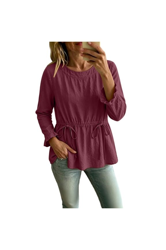 Womens Fall Tops Casual Loose Long Sleeve Ruffle Cuffs Shirts Fashion Drawstring Crew Neck Peplum Blouses