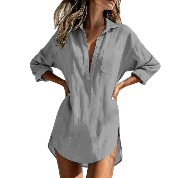 Lenpel Womens Fall Tops Lightweight Fashion Button Collared Long Sleeve Blouses Oversized Casual Loose Side Split Shirts with Pocket