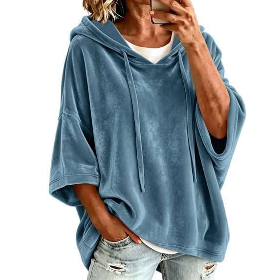 Lenpel Womens Hooded Shirts Fall Velvet 3/4 Sleeve Solid Color Pullover Tops Oversized Casual Trendy Drawstring Tops Fall Clothes(Light Blue,XX-Large)