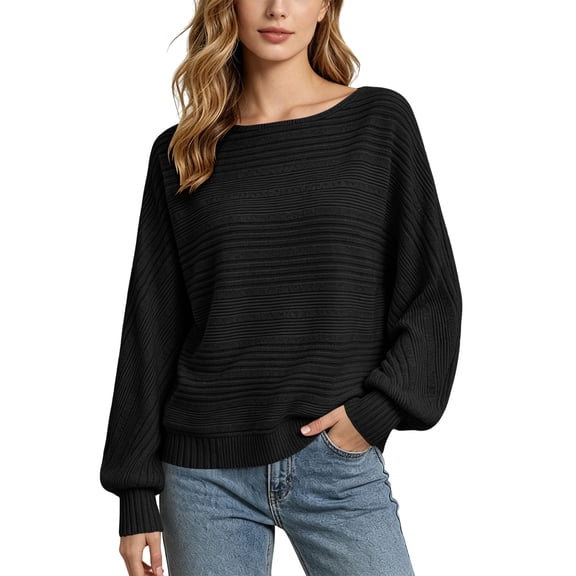 Lenpel Womens Long Sleeve Sweatshirts Ribbed Knit Trendy Boat Neck Solid Color Pullover Sweaters Casual Loose Fall Tops