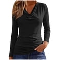 thumbnail image 1 of Lenpel Womens Long Sleeve Tops Cowl Neck Casual Solid Color Shirts Stretch Comfy Soft Fashion Ruched Blouses Fall Outfits, 1 of 7
