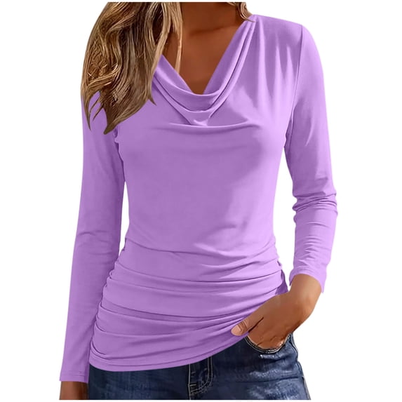 Lenpel Womens Long Sleeve Tops Cowl Neck Casual Solid Color Shirts Stretch Comfy Soft Fashion Ruched Blouses Fall Outfits