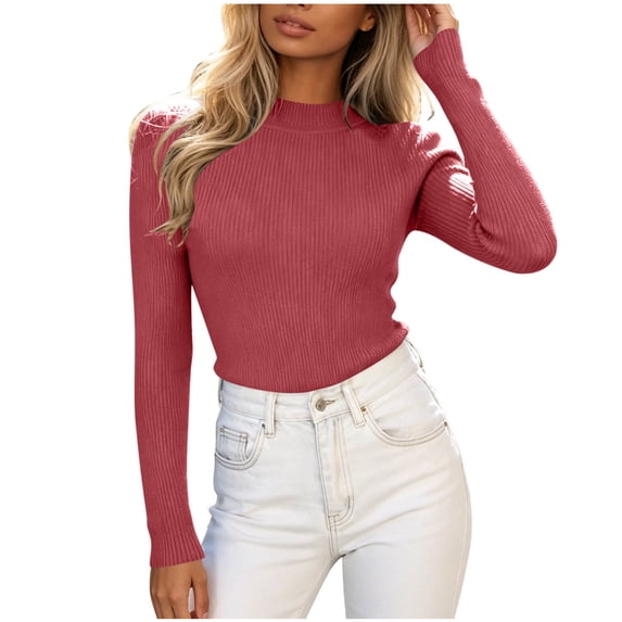 Lenpel Womens Long Sleeve Tops Fall Ribbed Knit Mock Neck Pullover Sweaters Casual Slim Fit Basic Blouses