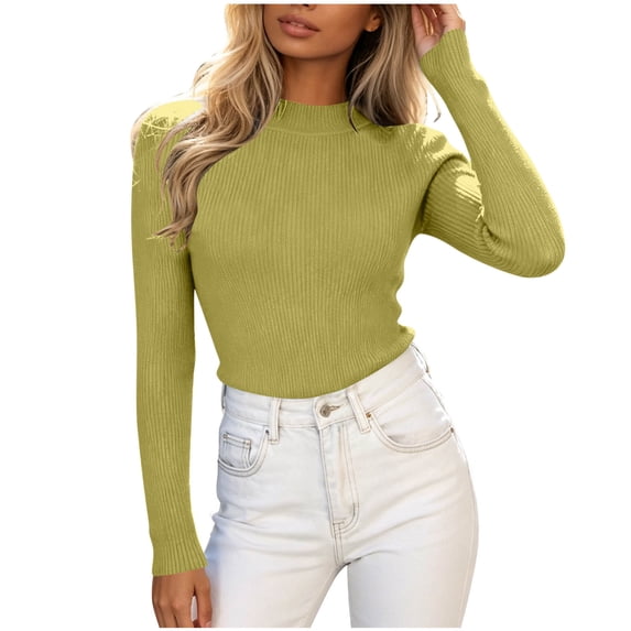 Lenpel Womens Long Sleeve Tops Fall Ribbed Knit Mock Neck Pullover Sweaters Casual Slim Fit Basic Blouses