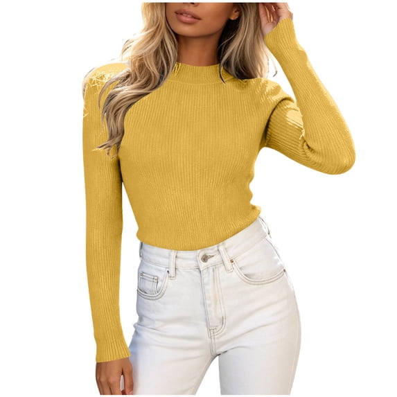 Lenpel Womens Long Sleeve Tops Fall Ribbed Knit Mock Neck Pullover Sweaters Casual Slim Fit Basic Blouses
