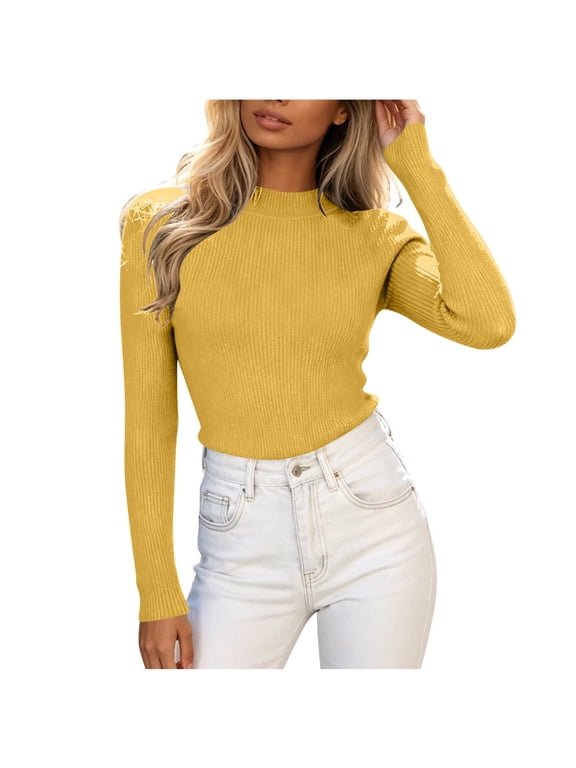 Womens Long Sleeve Tops Fall Ribbed Knit Mock Neck Pullover Sweaters Casual Slim Fit Basic Blouses