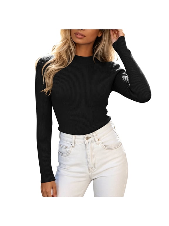 Womens Long Sleeve Tops Fall Ribbed Knit Mock Neck Pullover Sweaters Casual Slim Fit Basic Blouses