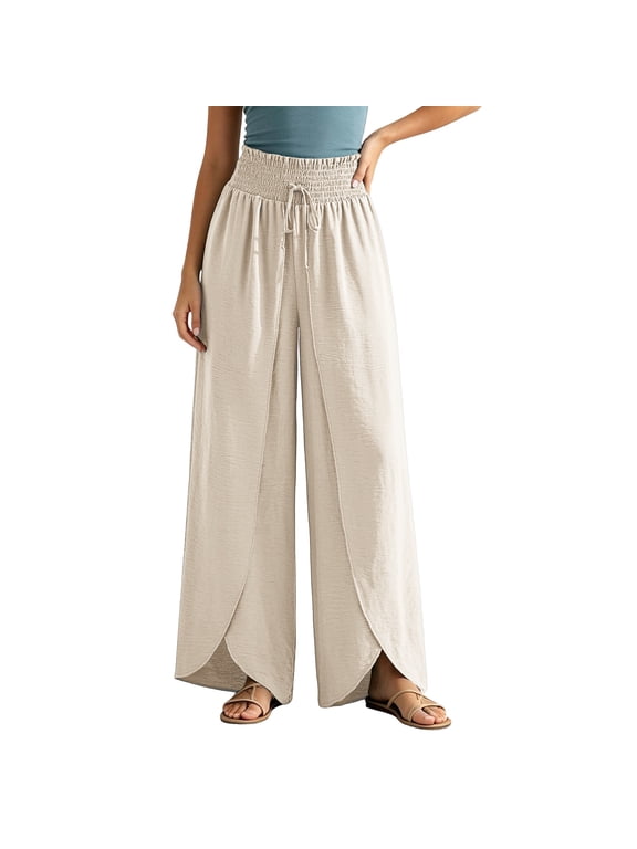 Womens Palazzo Pants Flowy Smocked High Waisted Baggy Trousers Fashion Drawstring Wrap Split Wide Leg Beach Pants(Beige,Large)